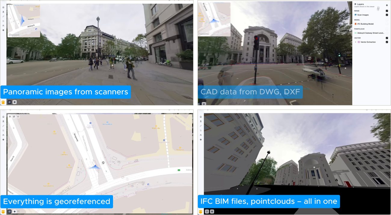 Cambium Atlas interface — panoramic imagery, CAD/BIM, georeferenced maps and point clouds in one browser